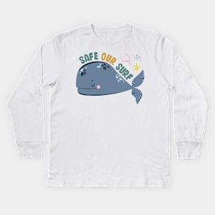 Safe our Surf quote with cute sea animal whale, starfish, coral and shell Kids Long Sleeve T-Shirt